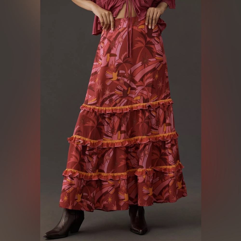 Farm Rio NWT Shirred Tiered Maxi Skirt Pink Combo Sz XS Anthropologie Garden - Picture 3 of 14
